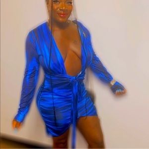 Blue deep plunge mini dress